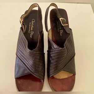 Vintage Christian Dior 1970s leather & wood chunky open toed heels